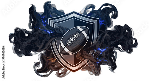 American football emblem with shield and smoke effects sports team logo concept