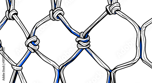 Detailed close up of knotted rope netting with blue accents and white background