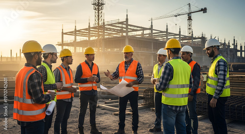 A group of construction workers in hard hats and safety vests discussing plans on a building site at sunset