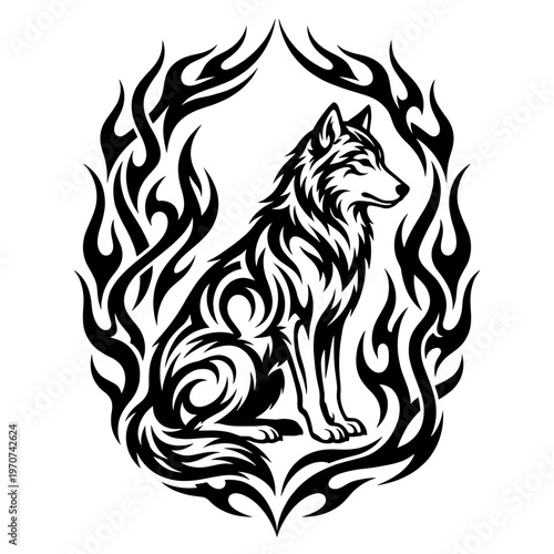 Noir wolf sigil enclosed by licking tribal flames in a stark monochrome crest that channels lone pack power feral loyalty and mythic wilderness intensity for bold emblem work