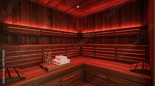 Modern infrared sauna interior with wood benches and warm red lighting