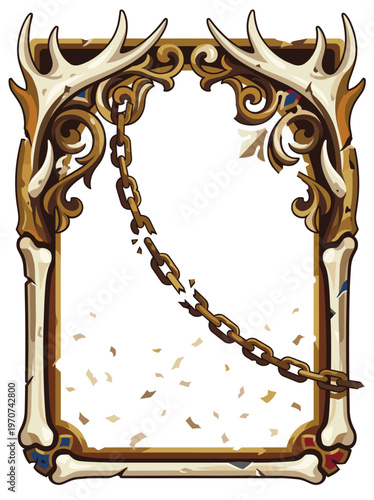 Rustic antler and bone frame with carved wood scrollwork and a sagging chain across the open center, evoking a frontier trophy relic for lodge signage, hunting themes, and wild decor