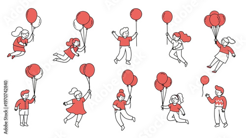 Children flying with red balloons in a playful and joyful scene.