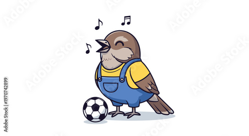 Joyful sparrow in overalls sings happily next to soccer ball whimsical illustration