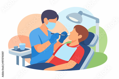Dentist examining young patient in dental clinic vector illustration