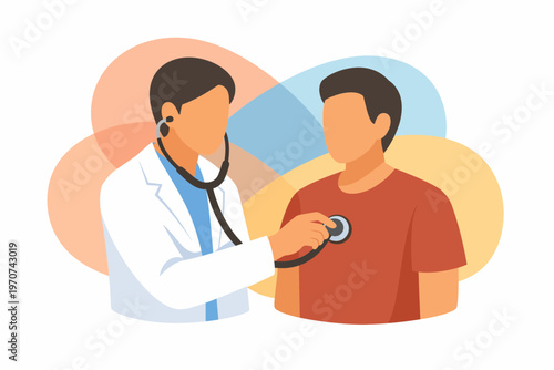 Male Doctor Examining Patient Heartbeat with Stethoscope Illustration