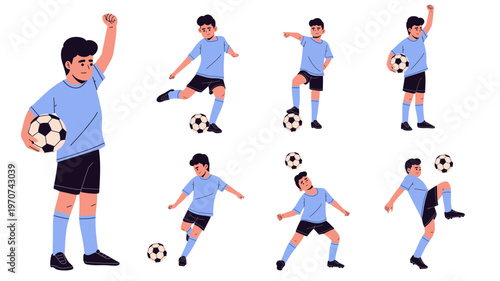 vector set of a kids soccer player in different poses, including dribbling, kicking, juggling, and celebrating with a ball. ideal for sports design, football training concepts, youth activities, life