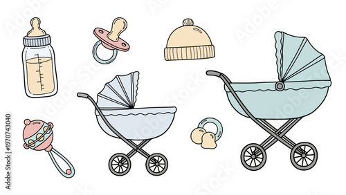 Collection of baby items including strollers bottles and toys.