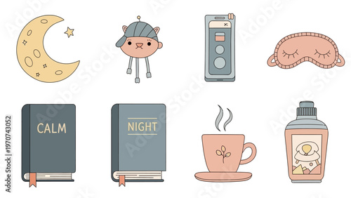 Collection of bedtime and relaxation items for a peaceful night.