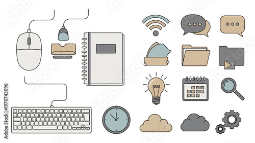 Collection of business and technology icons and office supplies.