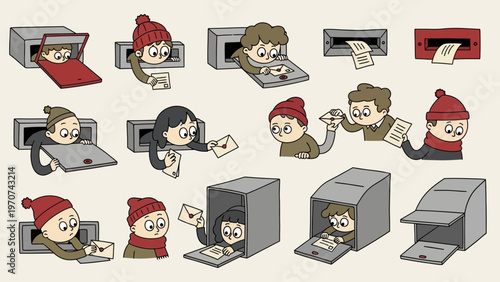 Collection of cartoon characters interacting with mailboxes and letters.