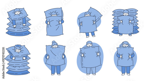 Collection of cartoon people wrapped in blankets.