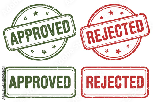 Approved and Rejected Rubber Stamp Collection, Green Approval Badge and Red Denied Mark, Office Workflow Decision Concept, Business Audit, Quality Check, Validation Symbols