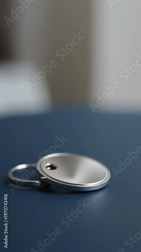 Close-up of a blank round silver metallic keychain tag with a polished finish resting on a dark blue textured table surface, featuring a split ring and shallow depth of field.