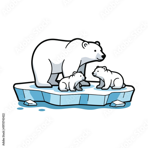 A polar bear and two cubs on a melting ice floe