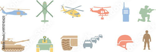 Collection of flat design vector icons illustrating military vehicles, soldiers, and defense equipment.