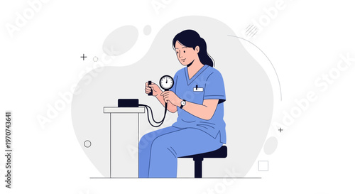 Nurse checking blood pressure with sphygmomanometer, medical illustration