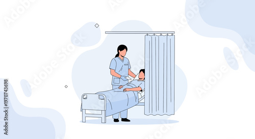 Nurse caring for patient in hospital bed with privacy curtain