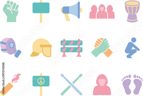 Modern flat design vector illustration of protest, activism, and human rights icons set for social justice.