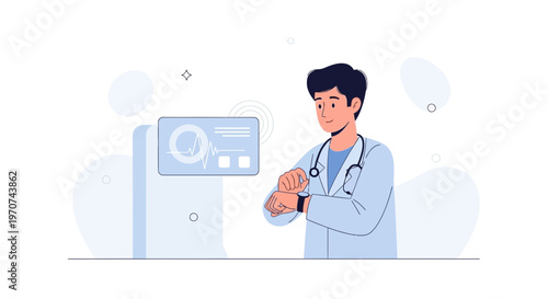 Doctor using smartwatch with medical data on screen, healthcare technology concept