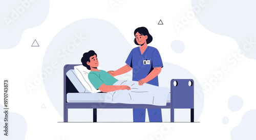 Nurse caring for patient in hospital bed, medical care, healthcare illustration