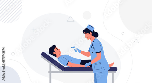 Nurse taking patient's temperature with digital thermometer on examination table