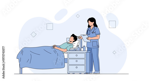 Nurse checks on patient in hospital bed, medical care and treatment illustration