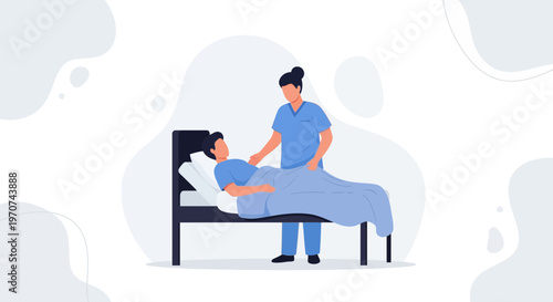Nurse Caring for Patient in Hospital Bed, Healthcare Illustration