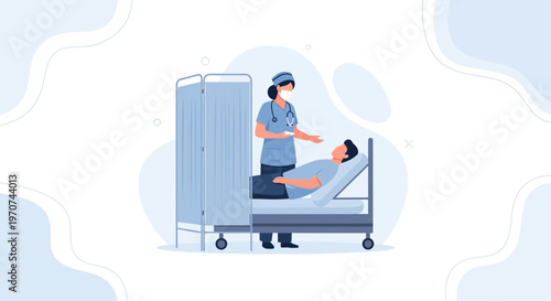 Nurse caring for patient in hospital bed with privacy screen, medical illustration