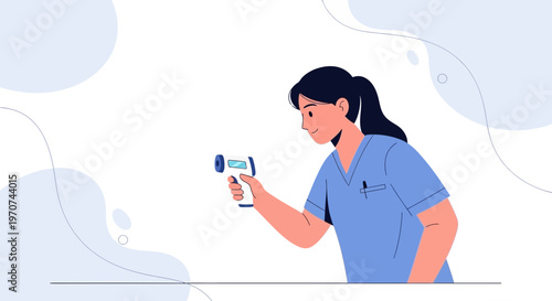 Nurse checking temperature with infrared thermometer, medical concept illustration