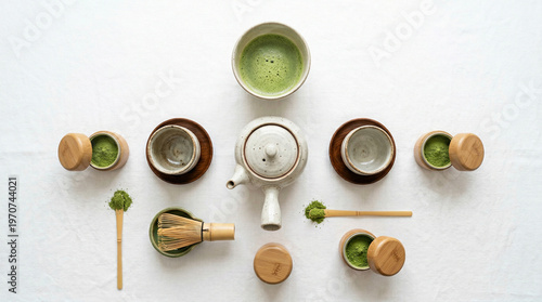 Elegant Matcha Tea Set Flat Lay on White Background