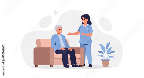 Nurse caring for elderly man at home, illustration, healthcare concept