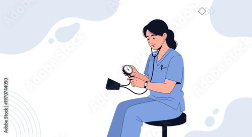 Nurse checking blood pressure with sphygmomanometer, medical illustration