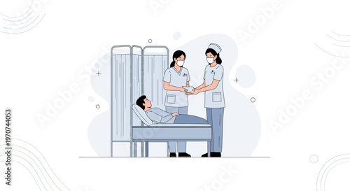 Nurses Caring for Patient in Hospital Bed with Privacy Screen