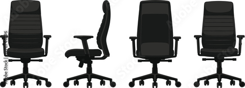 Illustration Set of Modern Office Chairs in Different Views Including Front, Side, and Back for Workplace, Furniture, and Interior Design Projects