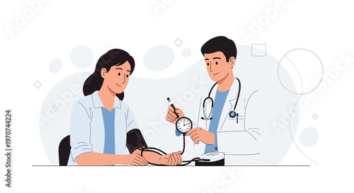 Doctor measuring patient's blood pressure with sphygmomanometer, healthcare concept illustration