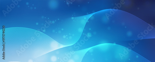 Abstract Blue Technology Background with Dynamic Wavy Lines and Soft Bokeh Light Particles. Vector illustration