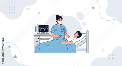 Nurse Caring for Patient in Hospital Bed with Medical Monitor