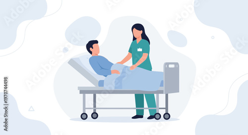 Nurse Caring for Patient in Hospital Bed, Medical Care Illustration