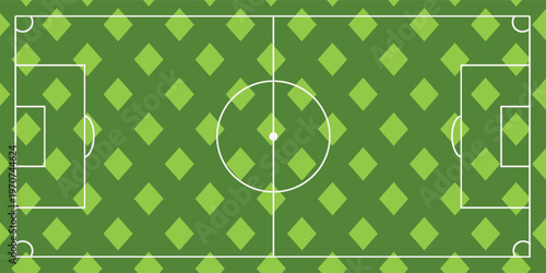 Green striped soccer field with white markings and goal areas football stripes