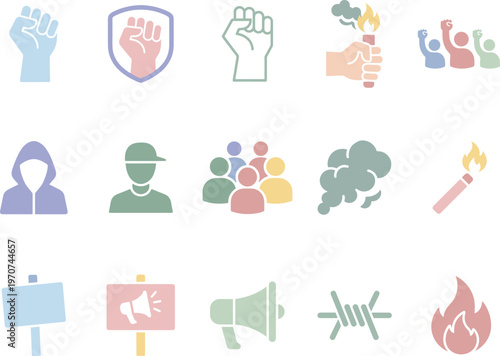Vector collection of protest and civil unrest icons in a modern pastel flat design style, isolated on white.