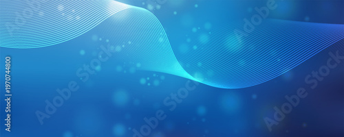Abstract Blue Technology Background with Dynamic Wavy Lines and Soft Bokeh Light Particles. Vector illustration
