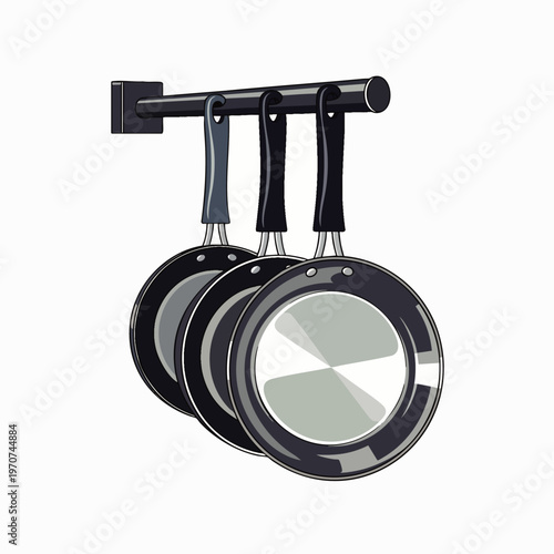 Three black frying pans hanging on a black metal rack against a white background, kitchenware illustration