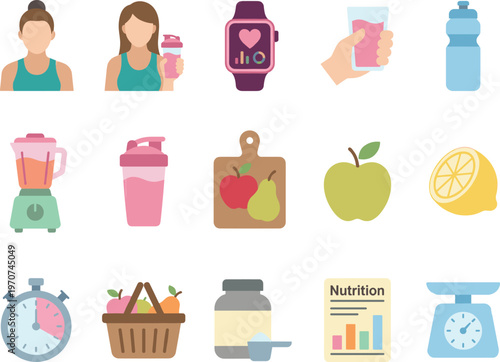 Flat design vector icon set of healthy lifestyle, fitness, and nutrition elements.