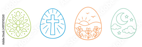 Broken colorful Easter eggs. A set of cracked egg shapes, outline and silhouette. Easter icons set with bunny, eggs, chicken and carrot. 