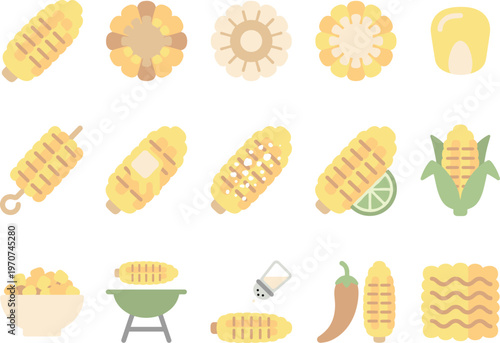 Flat design vector icon set illustrating various forms of corn, including on the cob, kernels, and prepared dishes.
