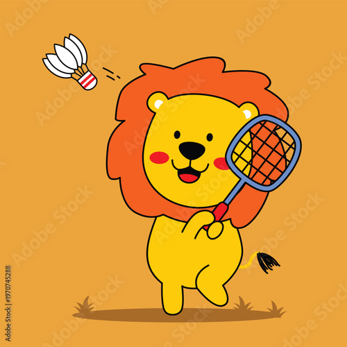 Cute cartoon lion playing badminton with a racket and shuttlecock, active lifestyle concept