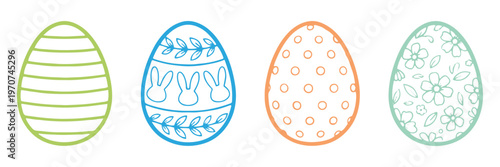 Broken colorful Easter eggs. A set of cracked egg shapes, outline and silhouette. Easter icons set with bunny, eggs, chicken and carrot. 