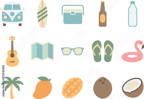 Flat design vector illustration showcasing a variety of summer vacation and beach holiday essentials isolated on white.