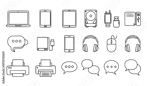 “Editable mobile device and computer accessory icon set with laptop, smartphone, storage drives, and chat symbols”